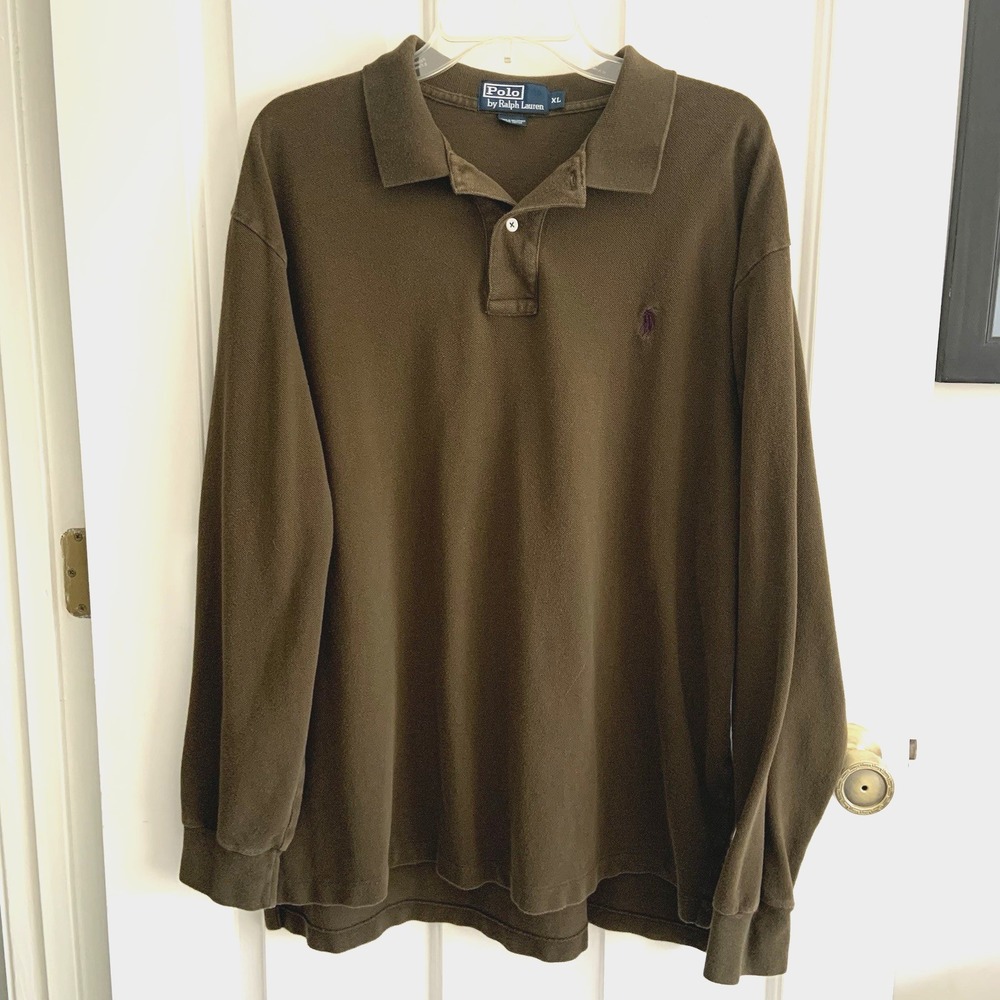 Vintage Polo Ralph Lauren Long Sleeve Pique Polo Shirt Men sz XL Olive Green
